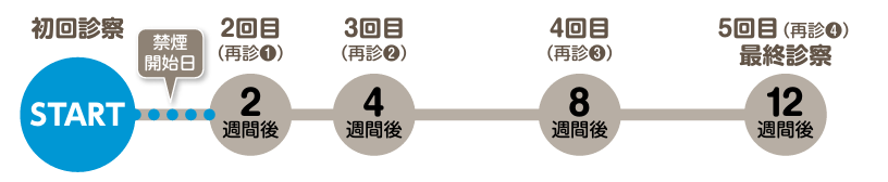 チャンピックスによる禁煙治療の通院スケジュール(初回診察から12週間後の最終診察まで計5回)